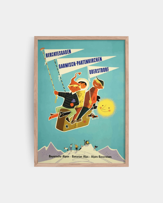 Vintage-style travel poster with two children on a suitcase, mountains, and text on a blue background.